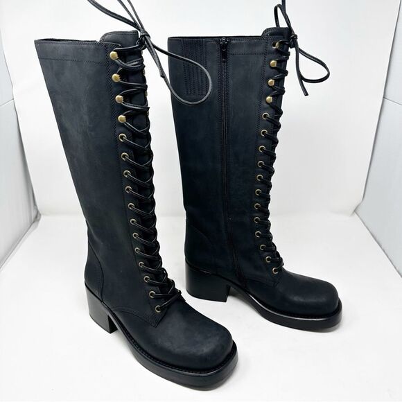 Jeffery Campbell Tyro Black Distressed Knee High Boots Size 8.5 Lace Up - Picture 1 of 10